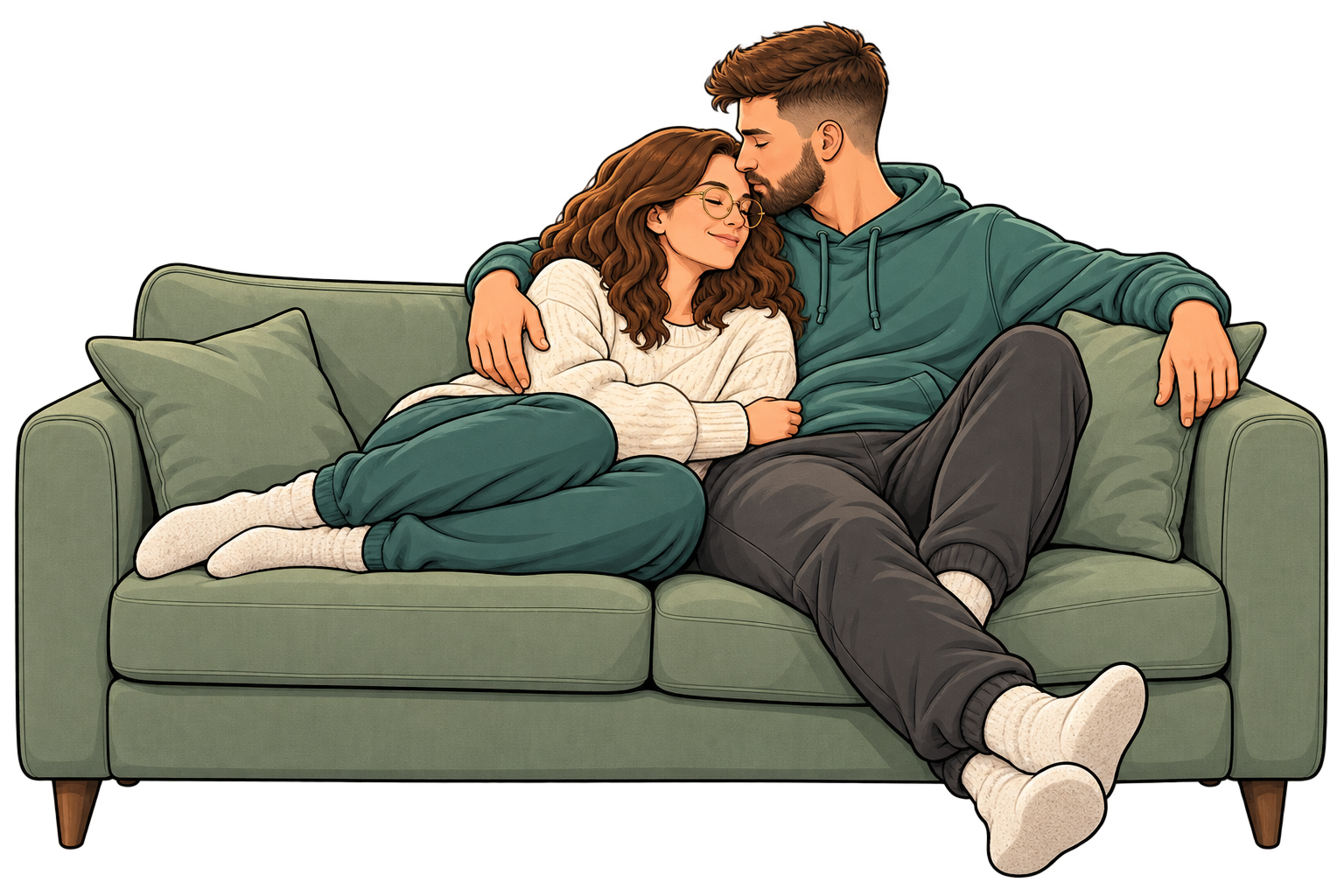 Eva und Thomas kuscheln sich in der Pause gemeinsam auf ein salbeigrünes Sofa.
